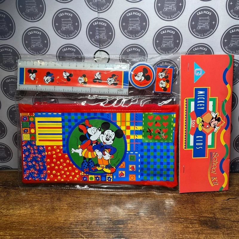 Vintage Mickey Mouse Disney School Set Pencil Case Ruler Eraser Sharpener NOS