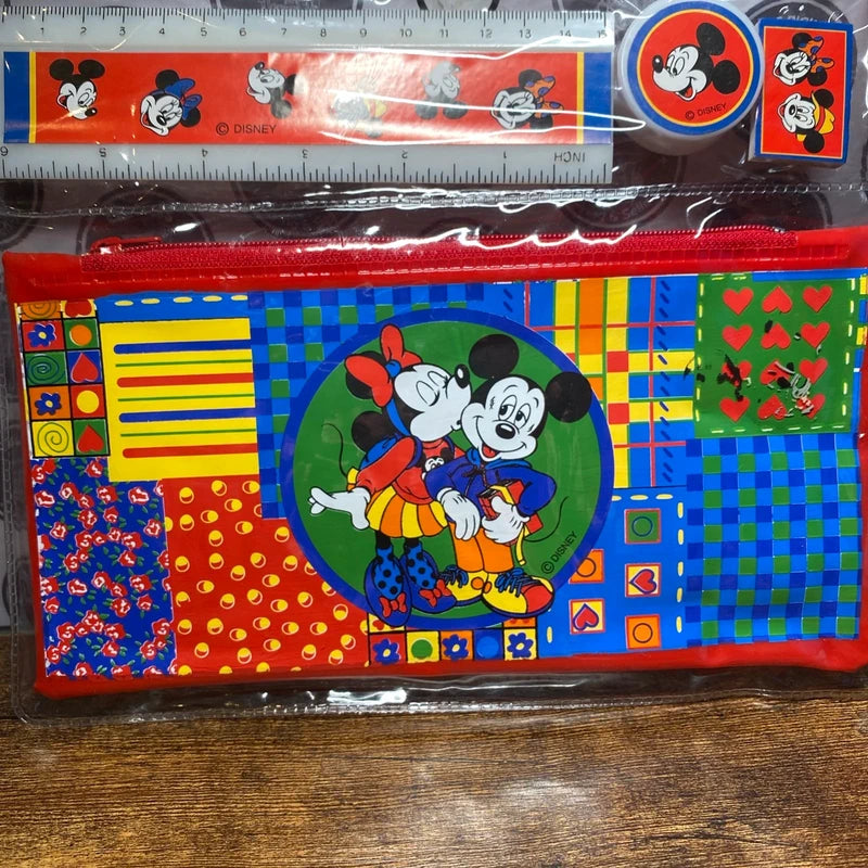 Vintage Mickey Mouse Disney School Set Pencil Case Ruler Eraser Sharpener NOS