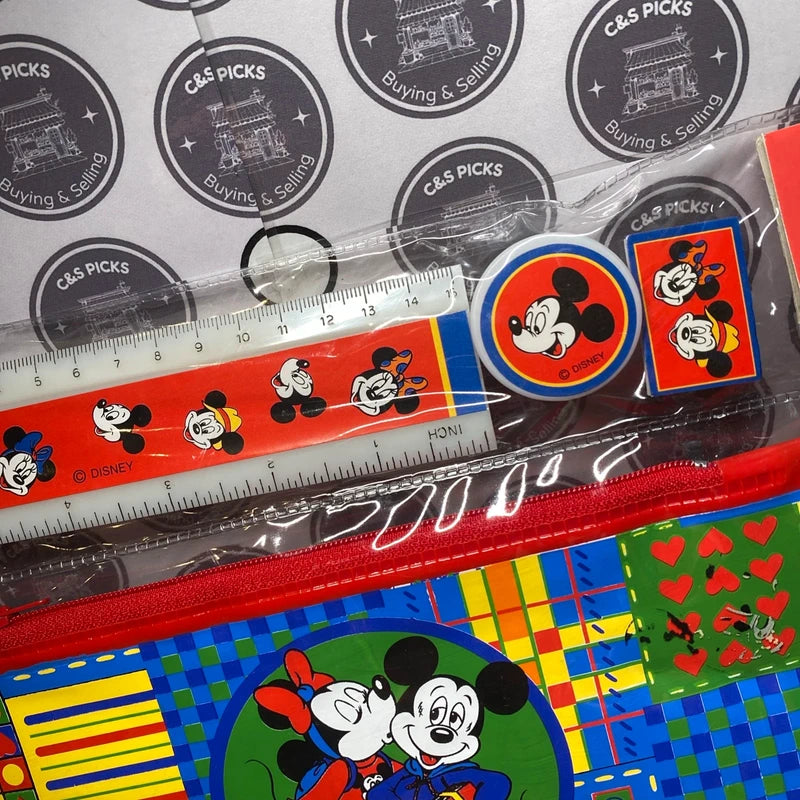 Vintage Mickey Mouse Disney School Set Pencil Case Ruler Eraser Sharpener NOS