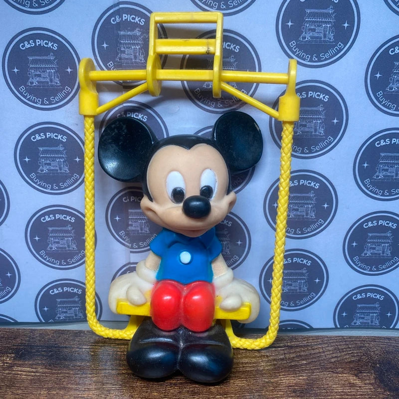 Vintage Walt Disney Mickey Mouse Retro Collectible Toy Figurine On Swing Squeeky