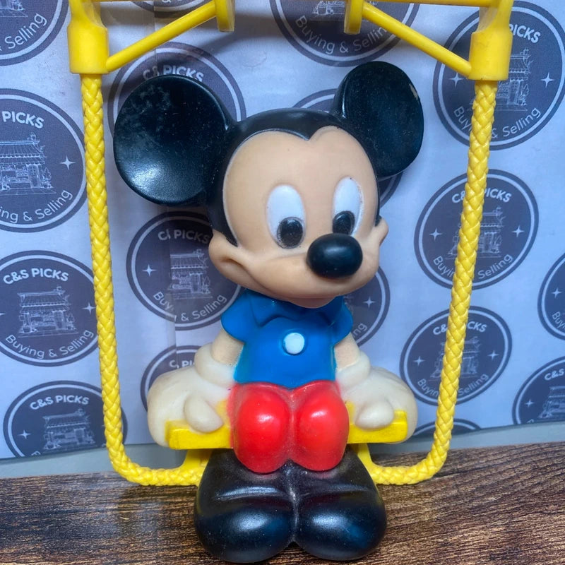 Vintage Walt Disney Mickey Mouse Retro Collectible Toy Figurine On Swing Squeeky