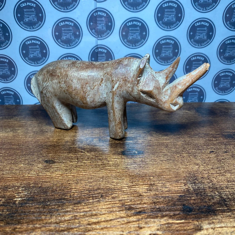 Vintage Hand Carved Wooden Rhinoceros Figure Rhino Ornament Folk Art Safari