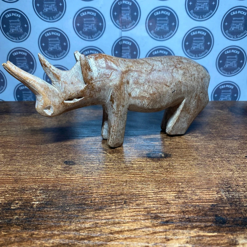 Vintage Hand Carved Wooden Rhinoceros Figure Rhino Ornament Folk Art Safari