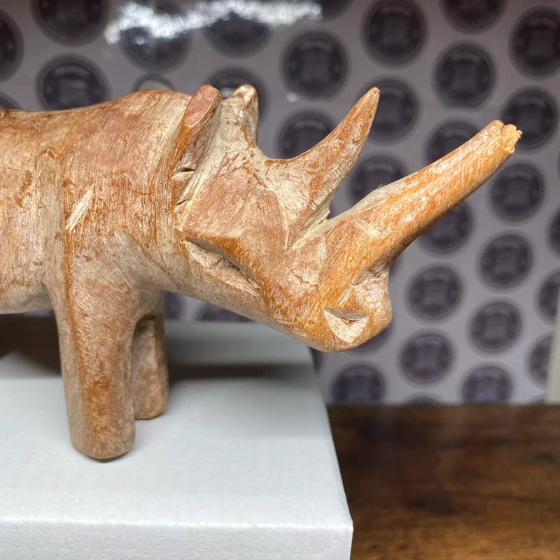 Vintage Hand Carved Wooden Rhinoceros Figure Rhino Ornament Folk Art Safari