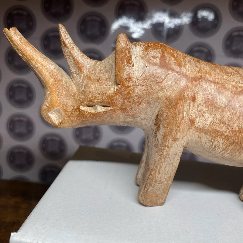 Vintage Hand Carved Wooden Rhinoceros Figure Rhino Ornament Folk Art Safari
