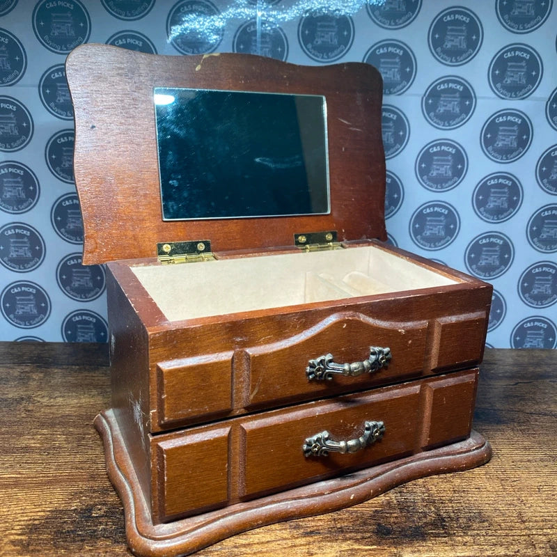 Vintage Wooden Jewellery Box with Mirror Two Drawers Felt Lined Storage Box Gift