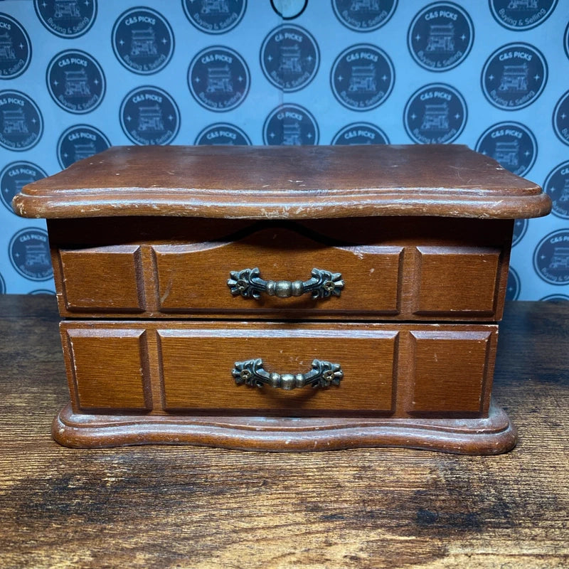 Vintage Wooden Jewellery Box with Mirror Two Drawers Felt Lined Storage Box Gift