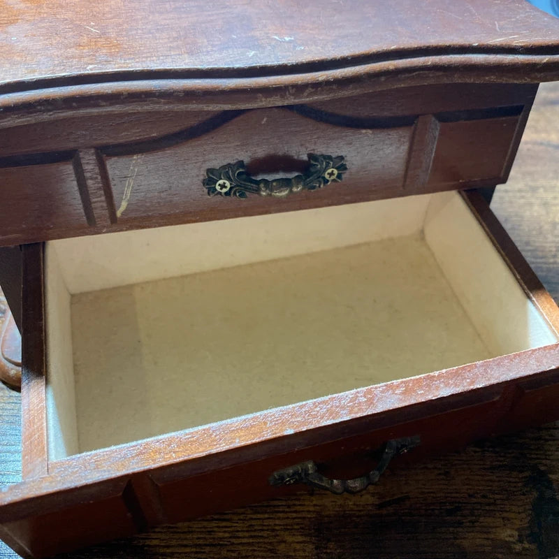 Vintage Wooden Jewellery Box with Mirror Two Drawers Felt Lined Storage Box Gift