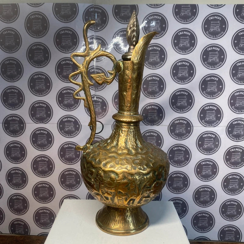 Vintage Indian Brass Jug Ewer - elaborate embossed - Lions & Snake handle Rare