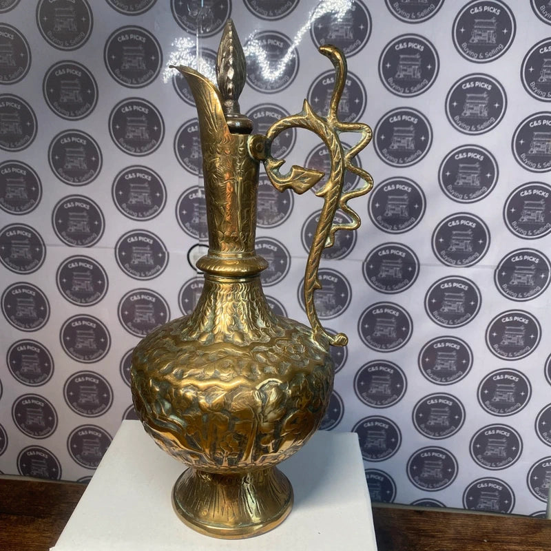 Vintage Indian Brass Jug Ewer - elaborate embossed - Lions & Snake handle Rare