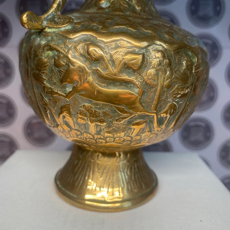 Vintage Indian Brass Jug Ewer - elaborate embossed - Lions & Snake handle Rare
