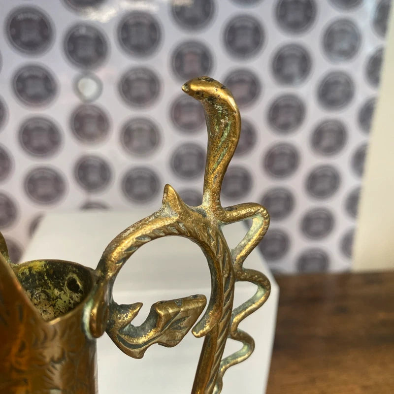 Vintage Indian Brass Jug Ewer - elaborate embossed - Lions & Snake handle Rare