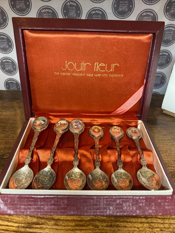 Vintage Jouir Fleur Silver Played UK Royal Family Spoons Boxed Set of 6 In Case