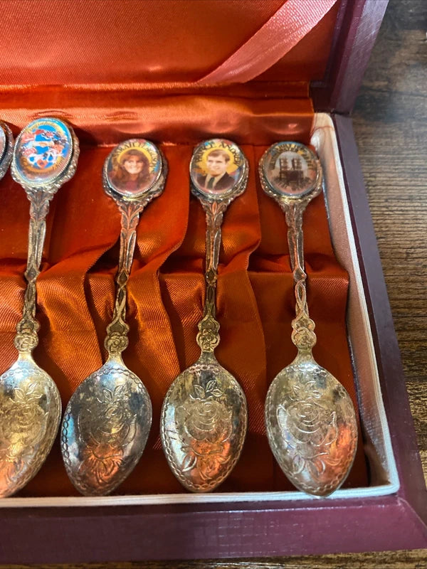 Vintage Jouir Fleur Silver Played UK Royal Family Spoons Boxed Set of 6 In Case