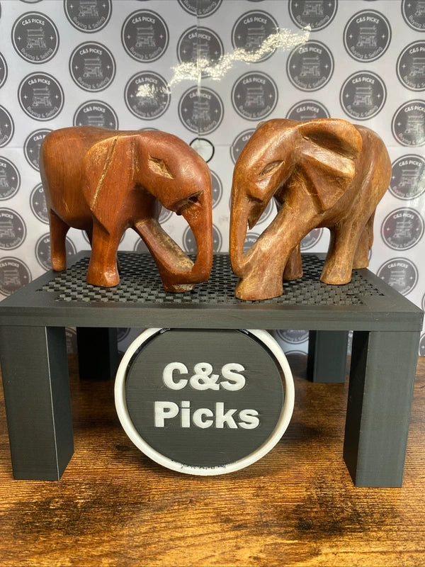 Pair of Vintage Wooden Elephants Hand Carved Sculpture Figurine Ornament Decor