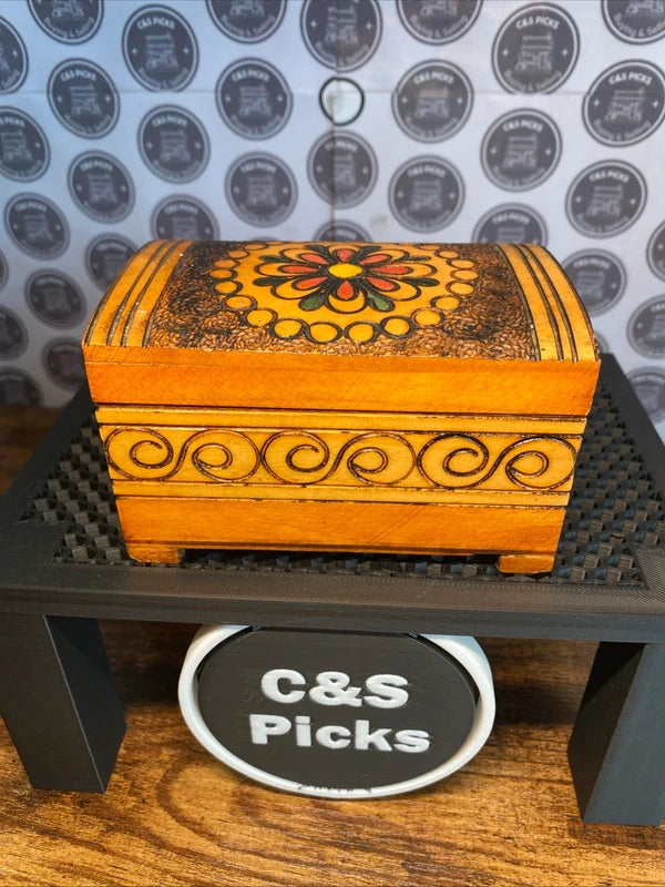 Vintage Hand Carved Wooden Trinket Jewellery Box Floral Design Hand Painted Lid