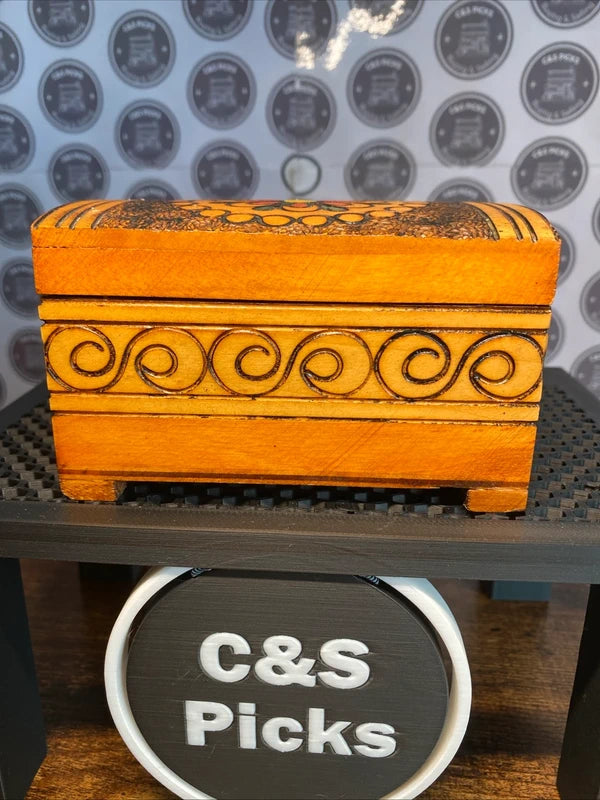 Vintage Hand Carved Wooden Trinket Jewellery Box Floral Design Hand Painted Lid