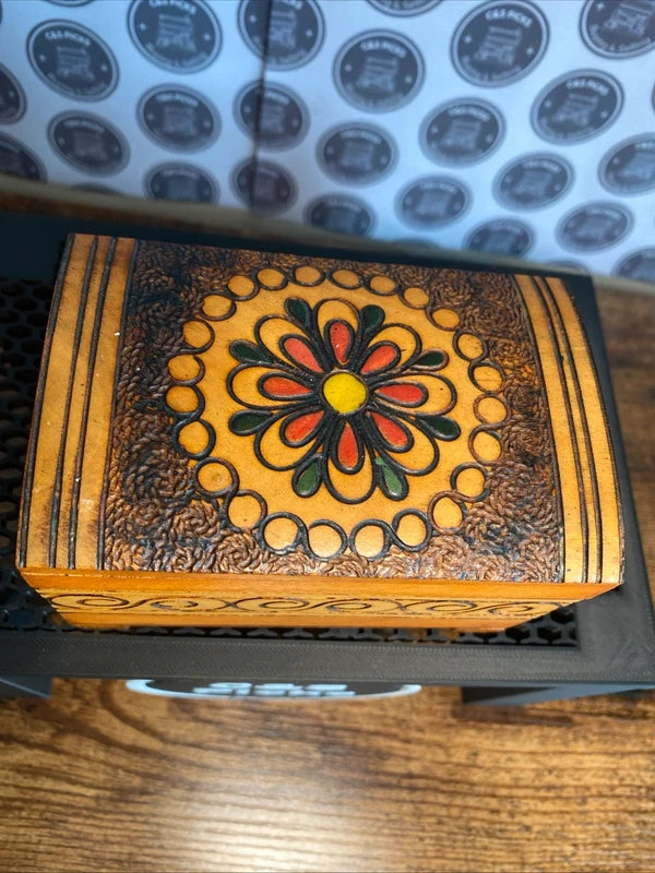 Vintage Hand Carved Wooden Trinket Jewellery Box Floral Design Hand Painted Lid