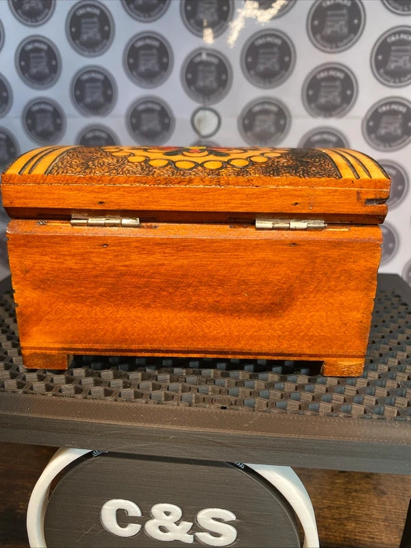 Vintage Hand Carved Wooden Trinket Jewellery Box Floral Design Hand Painted Lid