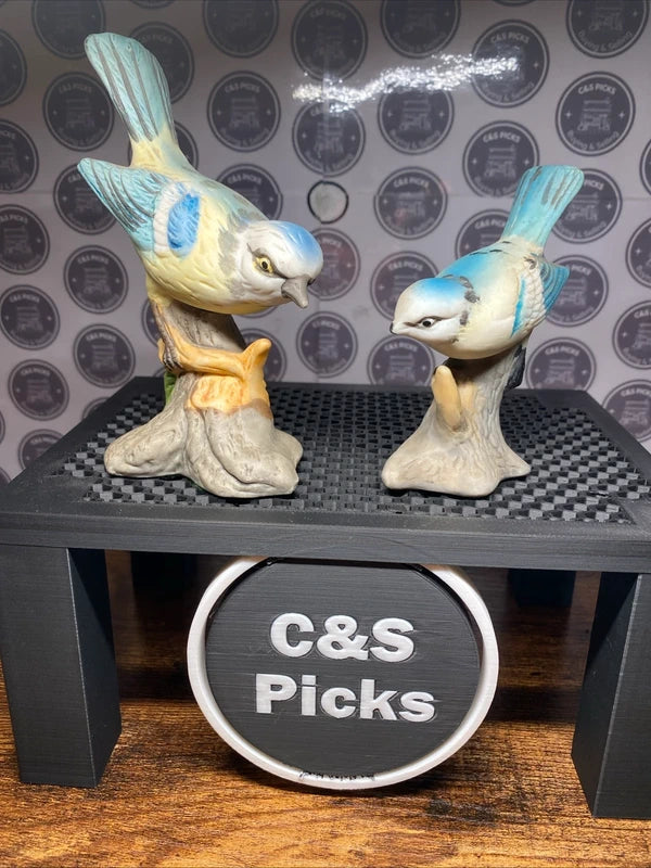 Vintage Ceramic Blue Tit Bird Figurines Pair On Perch Tree Stump Home Decor Gift
