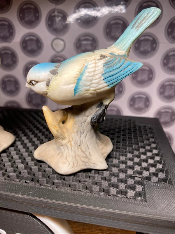 Vintage Ceramic Blue Tit Bird Figurines Pair On Perch Tree Stump Home Decor Gift