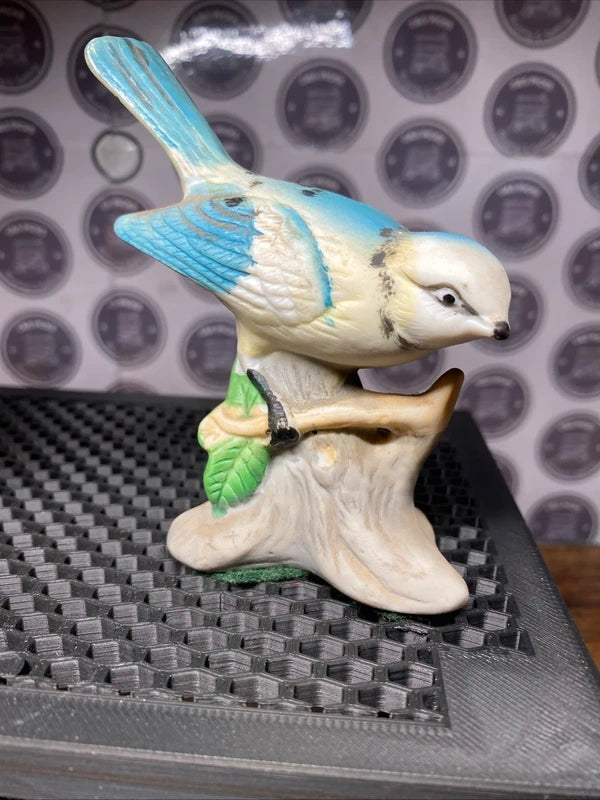 Vintage Ceramic Blue Tit Bird Figurines Pair On Perch Tree Stump Home Decor Gift