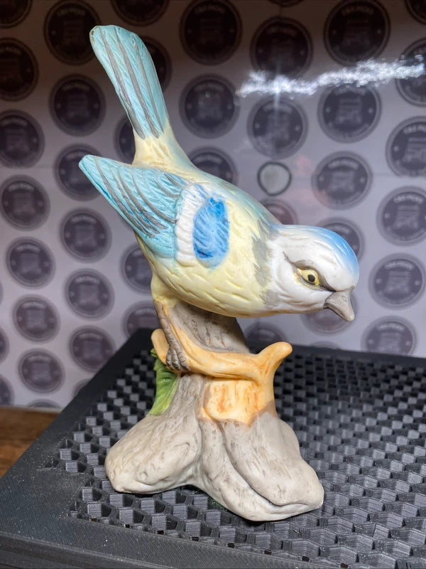 Vintage Ceramic Blue Tit Bird Figurines Pair On Perch Tree Stump Home Decor Gift