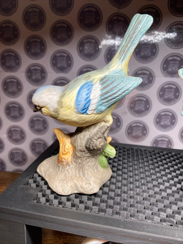 Vintage Ceramic Blue Tit Bird Figurines Pair On Perch Tree Stump Home Decor Gift