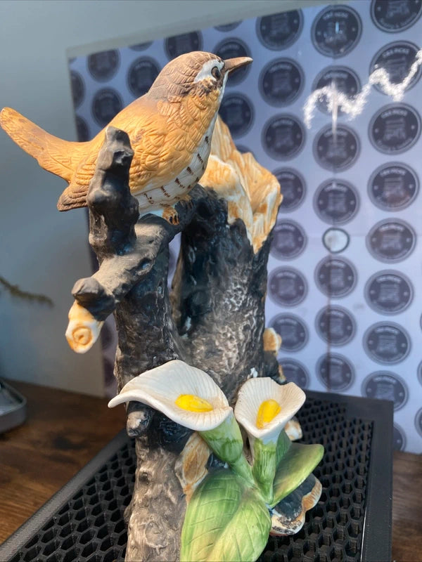 Porcelain Bird On Branch W/ Flowers Statue Ornament Figurine Sculpture Home Deco