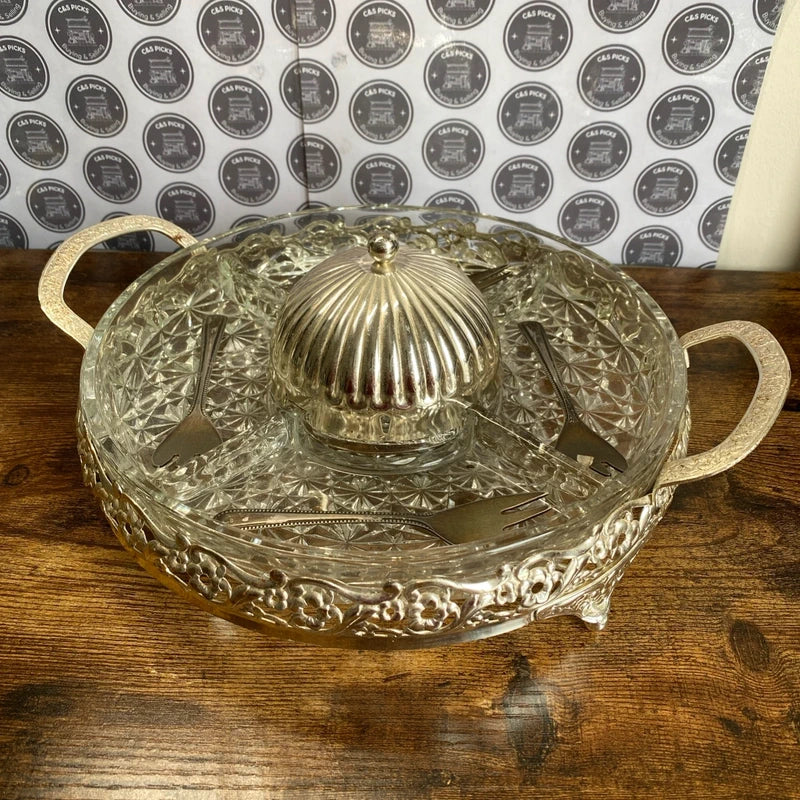 Vintage Queen Anne Circular Silver Plated Hors D'Oeuvre Dish + 4 Forks Decor Set