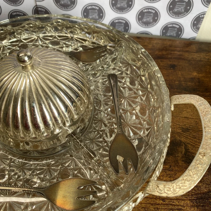 Vintage Queen Anne Circular Silver Plated Hors D'Oeuvre Dish + 4 Forks Decor Set