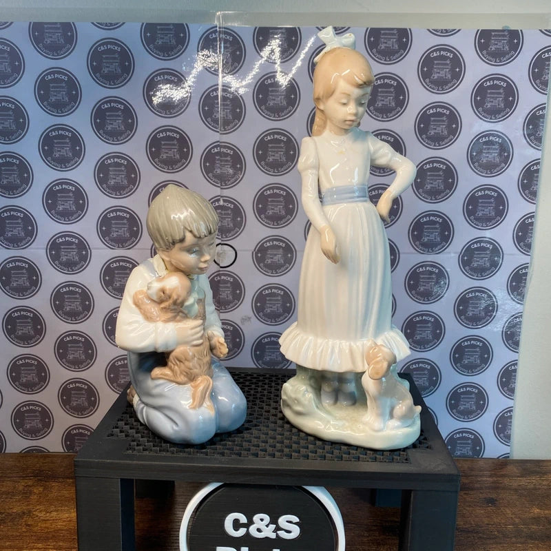 Vintage Pair of Nao Llardo Boy With Dog and Girl With Puppy Figurines Home Decor