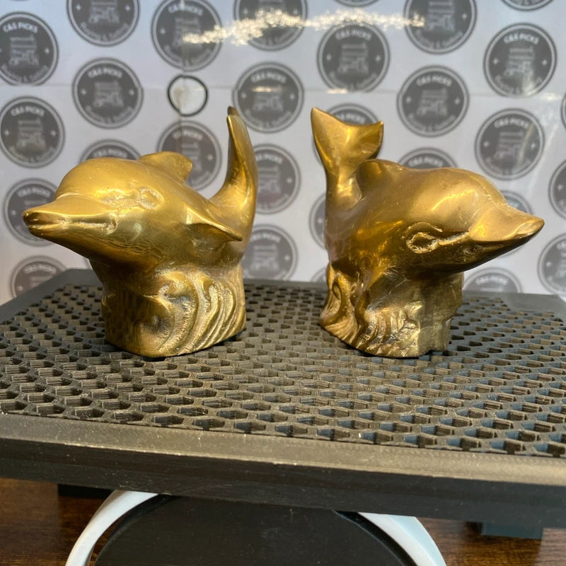 Vintage Brass Jumping Dolphin Figurine Ornament Paperweight X2 Nautical Decor