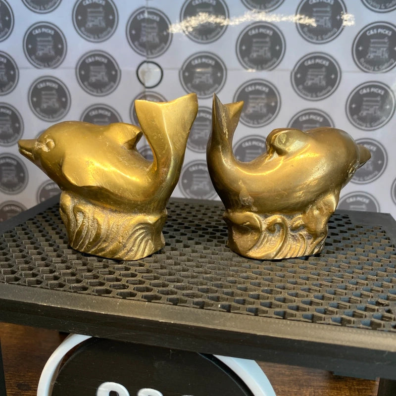 Vintage Brass Jumping Dolphin Figurine Ornament Paperweight X2 Nautical Decor