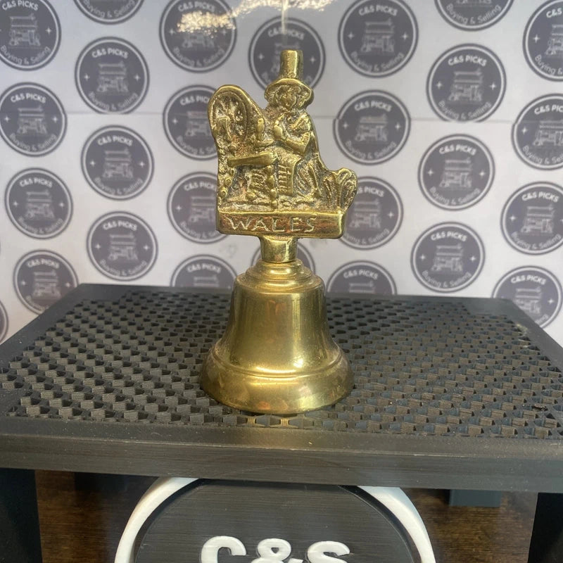Vintage Solid Brass Hand Bell Wales Welsh Souvenir Collectible Decor Mancave Bar