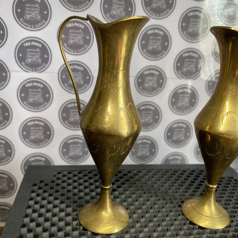 Vintage Pair Small Brass Bud Vase Slender Pitcher Home Decor Collectible Prop x2
