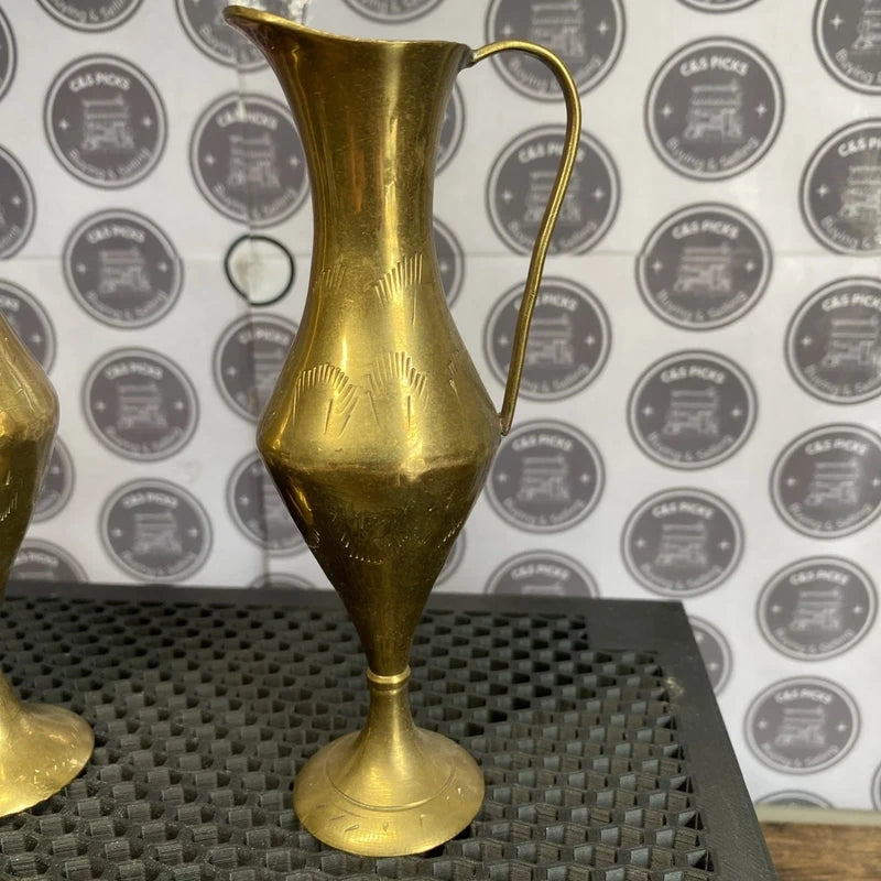 Vintage Pair Small Brass Bud Vase Slender Pitcher Home Decor Collectible Prop x2
