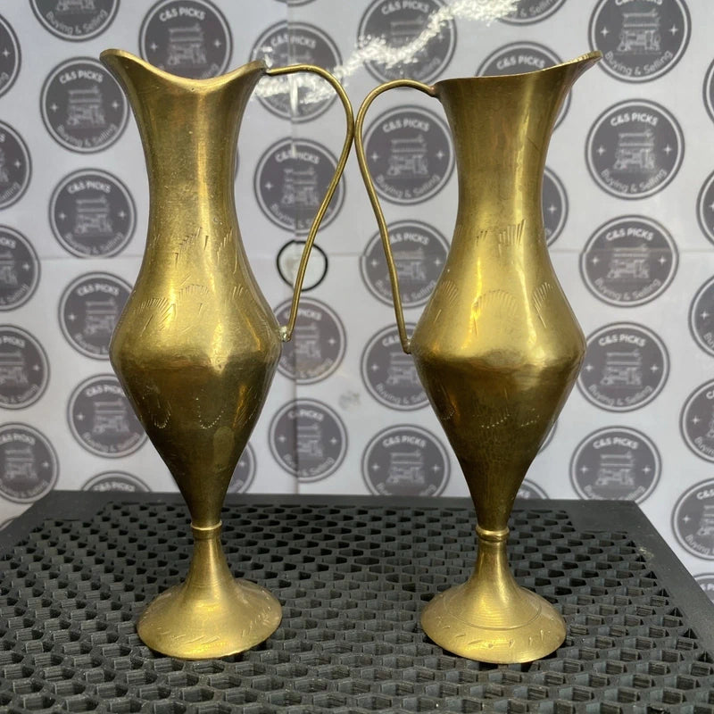 Vintage Pair Small Brass Bud Vase Slender Pitcher Home Decor Collectible Prop x2
