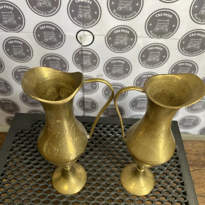 Vintage Pair Small Brass Bud Vase Slender Pitcher Home Decor Collectible Prop x2