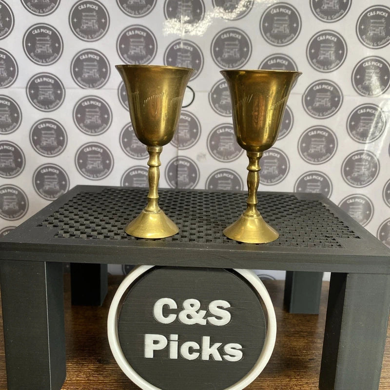 Vintage Miniature Brass Goblet Candle Sticks Patina Etched Home Decor Home Bar 2
