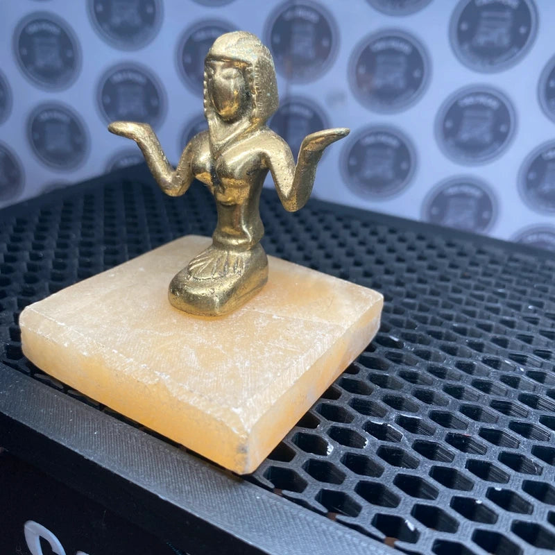 Vintage Egyptian Brass Goddess Isis Or Hathor Statue on Alabaster Stone Base 7cm