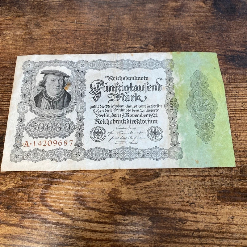 Vintage 1922 Germany 50,000 Mark Reichsbanknote Hyperinflation Currency Banknote