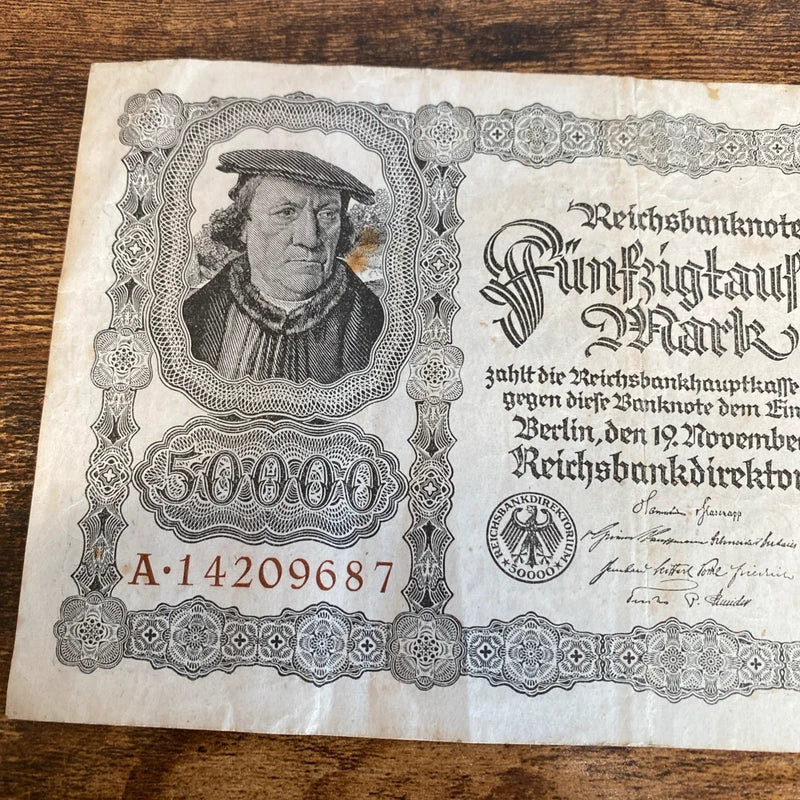 Vintage 1922 Germany 50,000 Mark Reichsbanknote Hyperinflation Currency Banknote