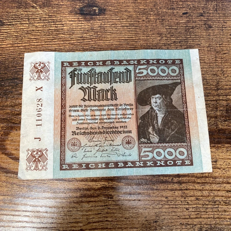 Vintage 1922 Germany 5000 Mark Post WWI Pre WWII Banknote Paper Money Kaiser