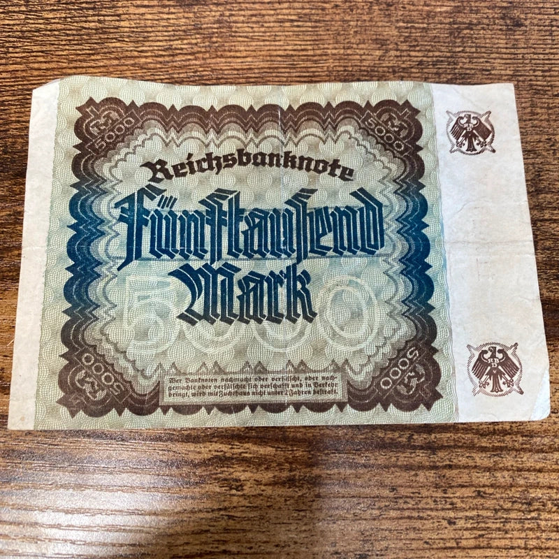 Vintage 1922 Germany 5000 Mark Post WWI Pre WWII Banknote Paper Money Kaiser