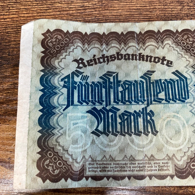 Vintage 1922 Germany 5000 Mark Post WWI Pre WWII Banknote Paper Money Kaiser
