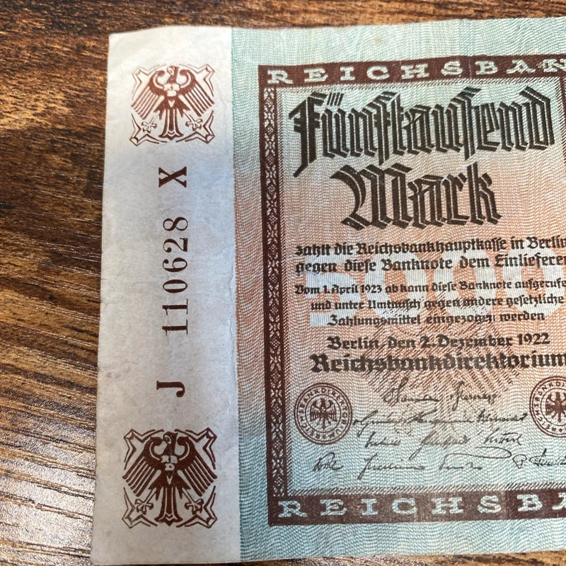 Vintage 1922 Germany 5000 Mark Post WWI Pre WWII Banknote Paper Money Kaiser