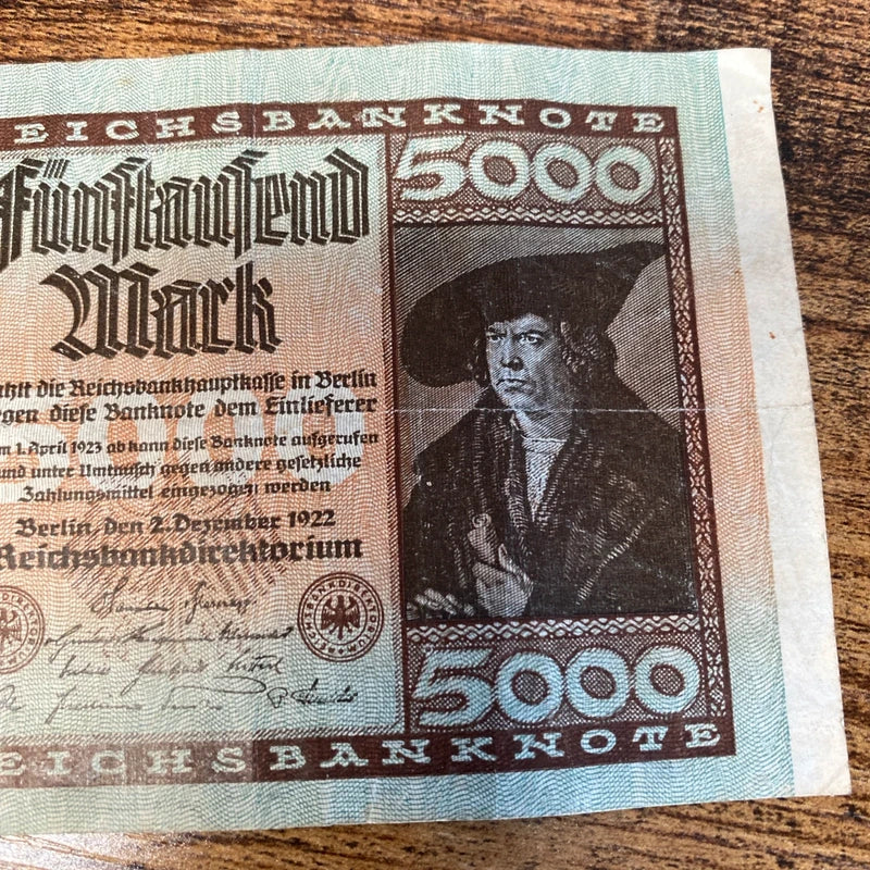 Vintage 1922 Germany 5000 Mark Post WWI Pre WWII Banknote Paper Money Kaiser