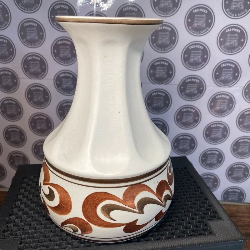Vintage Redford Hand Painted Pottery Vase White Brown Floral Design 17cm Decor