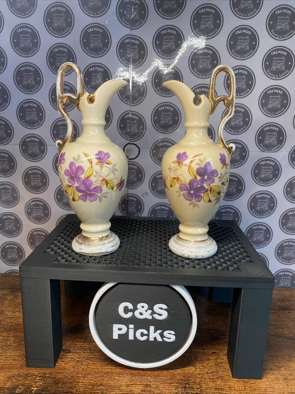 Antique Figural Ewer Urn Spelter Vases Cherub Floral Globes Vintage Decor Prop x2